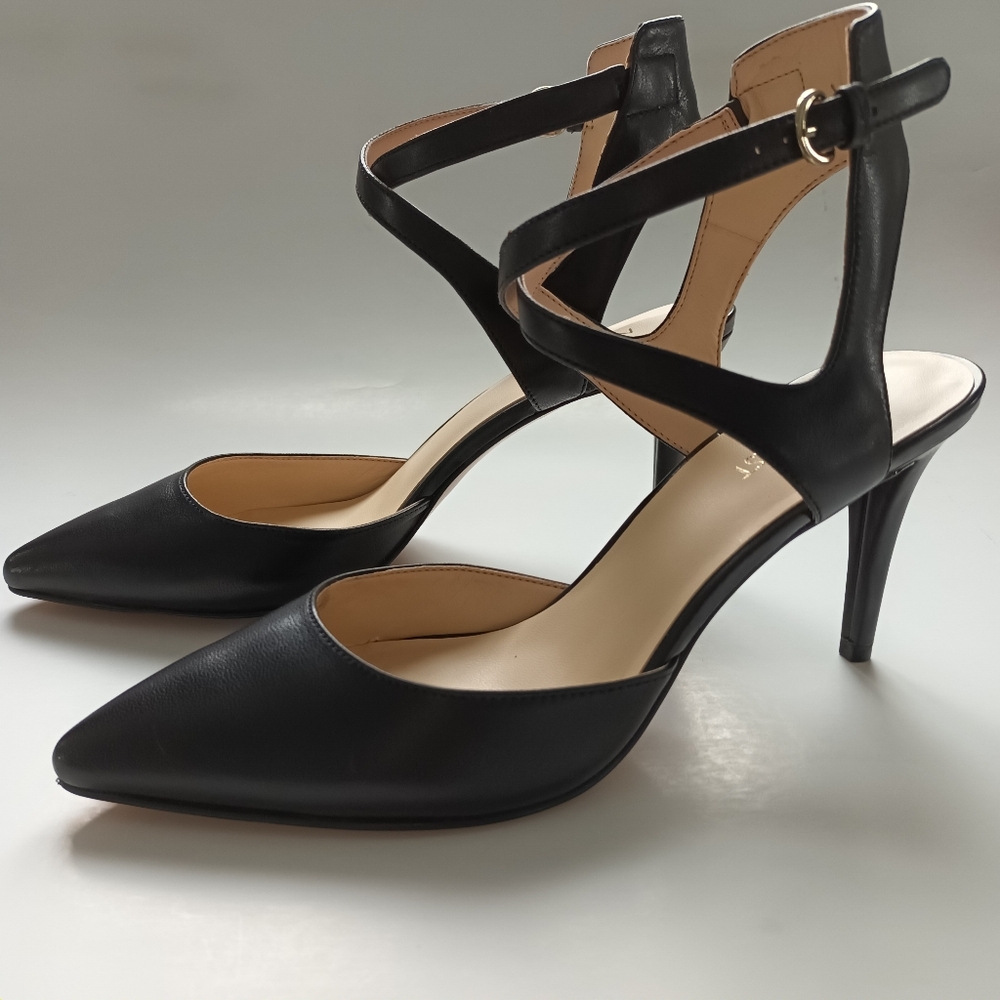 BNIB Nine West Paddysday Black Leather Strappy Open Back Heels Multiple sizes